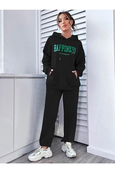 DUBU BUTİK Μαύρη γυναικεία αθλητική φόρμα Happıness - Printed Oversize