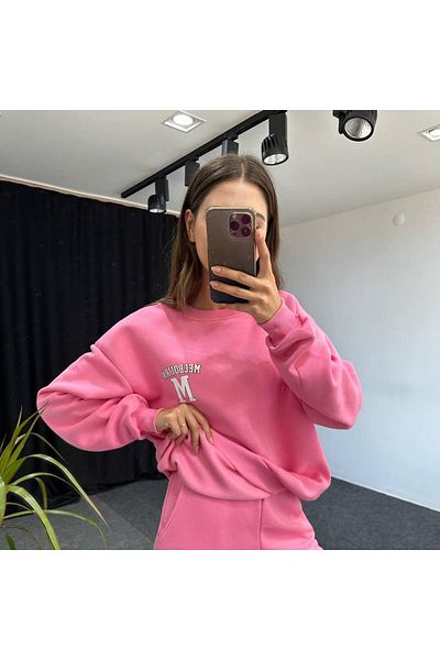 DUBU BUTİK Σετ αθλητικής φόρμας M Melbourne Φούτερ Jogger - Ροζ εμπριμέ Oversize Raster Crew Neck