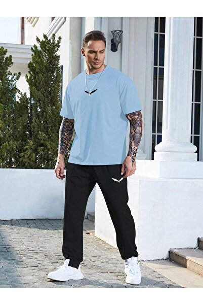 DUBU BUTİK Wings Baby Blue T-shirt Black Tracksuit Bottom Jogger- Print Bottom Top Set Oversize