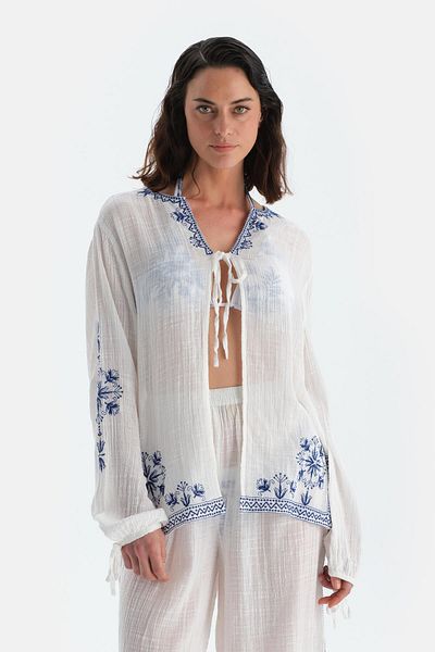 Dagi White Long Sleeve Front Tie Shirt