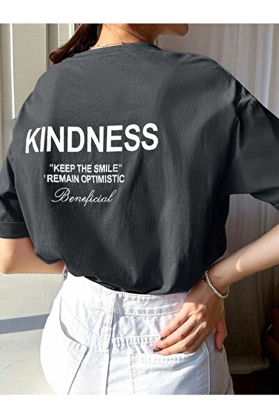 DUBU BUTİK Smoked Oversize Kındness T-shirt - Oversize Printed