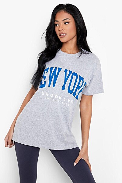 DUBU BUTİK Γκρι Oversize New York T-shirt - Oversize Printed