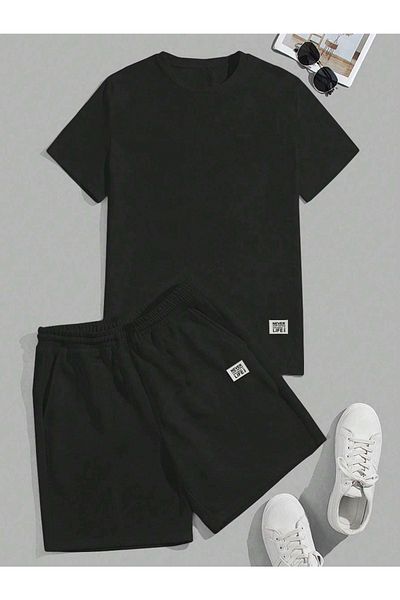 DUBU BUTİK Never Life T-shirt Shorts - Black Bottom Top Combination Shorts T-shirt Set Printed Oversize Crew Neck