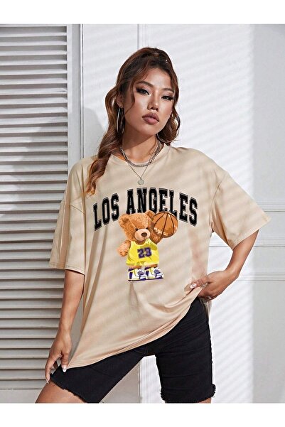 DUBU BUTİK Μπλουζάκι με αρκουδάκι μπάσκετ - Μπεζ εμπριμέ κοντό μανίκι με λαιμόκοψη