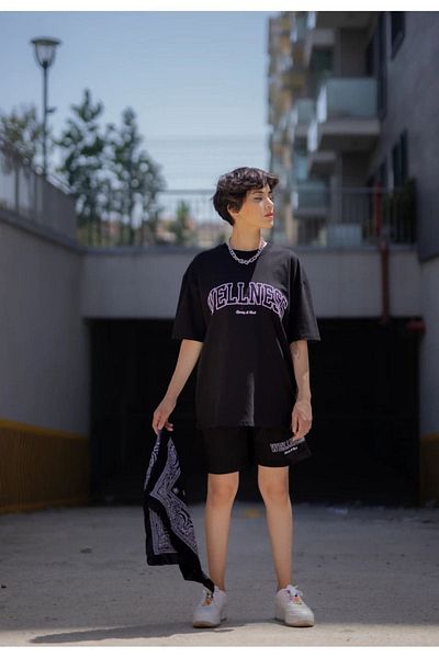 DUBU BUTİK Welness T-shirt Shorts - Black Bottom Top Combination Shorts T-shirt Set Printed Oversize Crew Neck