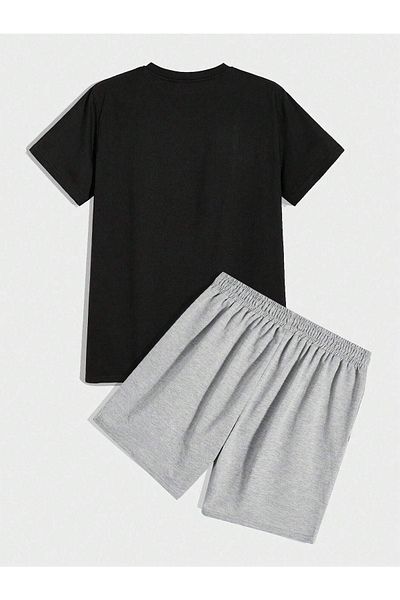 DUBU BUTİK 23 Count T-shirt Shorts - Black Gray Bottom Top Set Shorts T-shirt Combination Printed Crew Neck