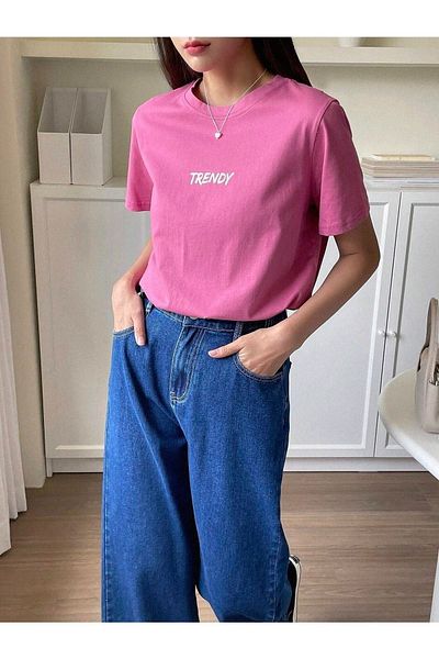 DUBU BUTİK Trendy T-Shirt - Pink Oversize Printed Crew Neck
