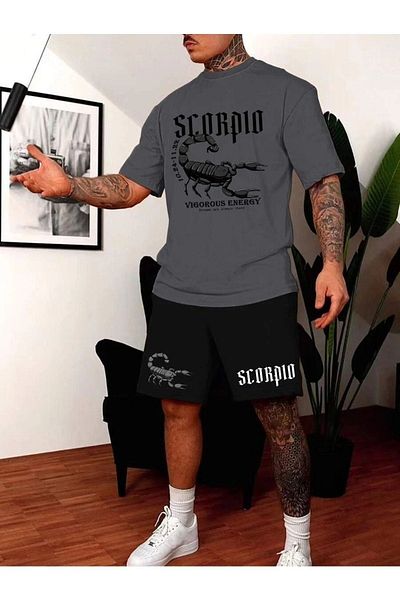 DUBU BUTİK Scorpion Μαύρο σορτς Smoked T-Shirt Set - Printed Oversize Crew Neck