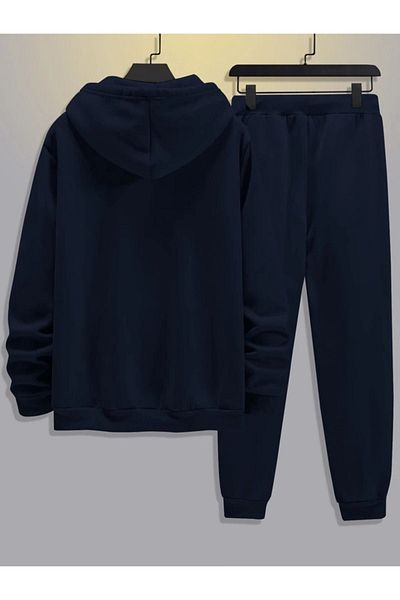 DUBU BUTİK Σετ φόρμας King Sweatshirt Jogger - Navy Blue Printed Oversize Raised Hooded