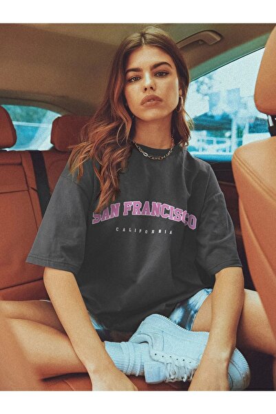 DUBU BUTİK Smoked Oversize San Francisco T-shirt - Oversize Printed