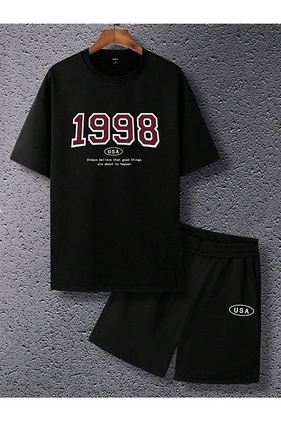DUBU BUTİK 1998 Usa T-shirt Shorts - Black Bottom Top Combination Shorts T-shirt Set Printed Oversize Crew Neck