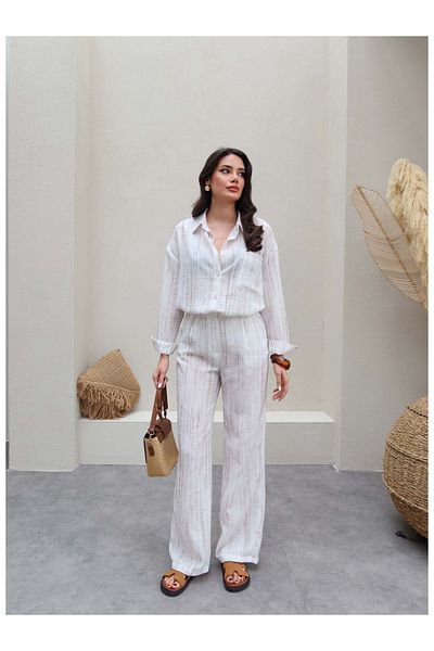 ESRAHELVACI Line Patterned Linen Shirt Pants Set