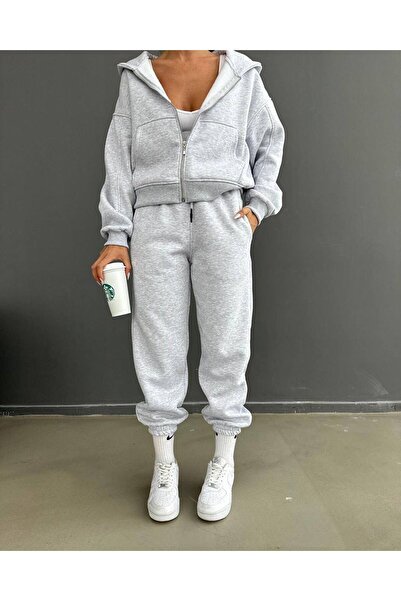 DUBU BUTİK Plain Basic Cardigan Sweatpants Jogger Bottom Top Set - Gray Zippered Oversize Hoodie