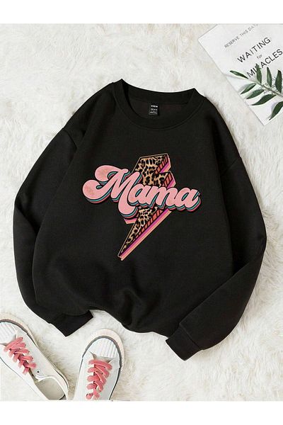DUBU BUTİK Φούτερ Mama Leopard Pattern - Μαύρη στάμπα Oversize Crew Neck