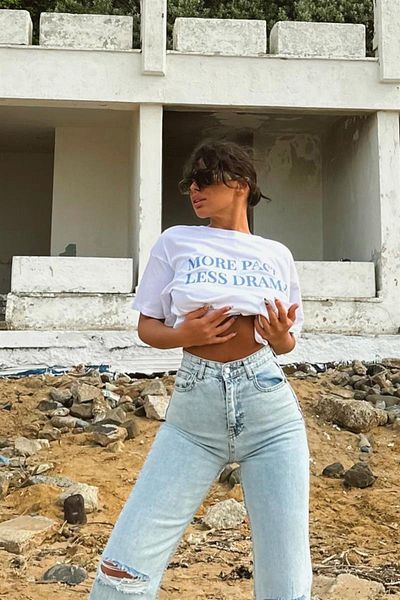 DUBU BUTİK Less Drama T-shirt - White Printed Oversize Crew Neck Short Sleeve T-Shirt