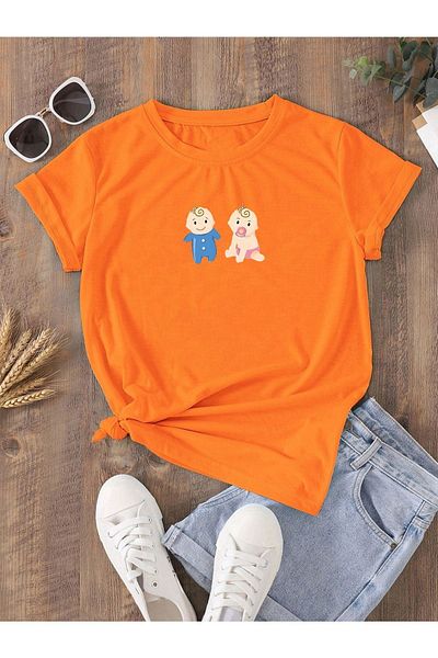 DUBU BUTİK Orange Oversize T-shirt for Pregnant Women and Children - Crew Neck