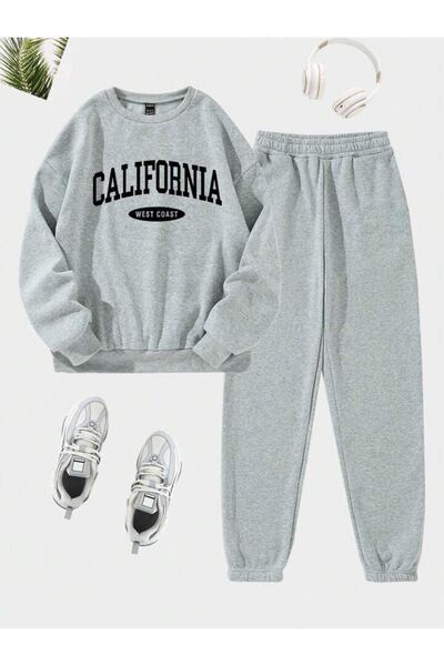 DUBU BUTİK California West Tracksuit Set Sweatshirt Jogger - Gray Printed Ove...