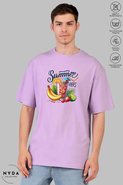 Nyda Collections Unisex Crew Neck Summer Vibes εμπριμέ βαμβακερό μπλουζάκι με κοντό μανίκι