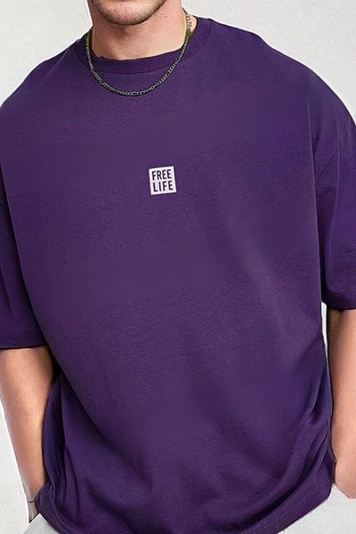 DUBU BUTİK Μπλουζάκι Free Life Oversize Purple Printed - Μπλουζάκι με κοντό μανίκι με λαιμόκοψη