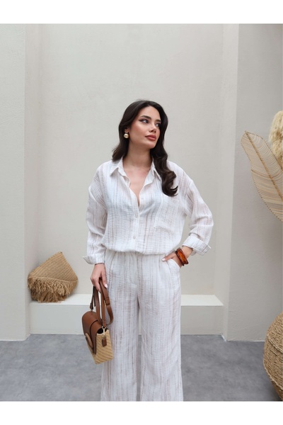 ESRAHELVACI Line Patterned Linen Shirt Pants Set