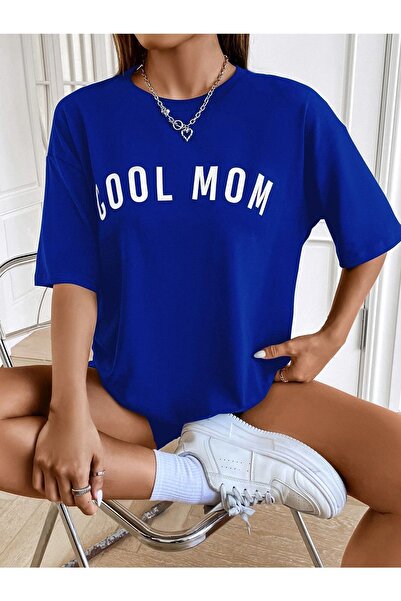 DUBU BUTİK Cool Mom T-shirt - Μπλουζάκι με κοντό μανίκι με λαιμόκοψη σε μπλε ναυτικό