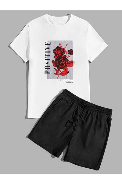 DUBU BUTİK Positive Rose T-shirt Shorts - White Black Bottom Top Team Shorts T-shirt Combination Printed Crew Neck