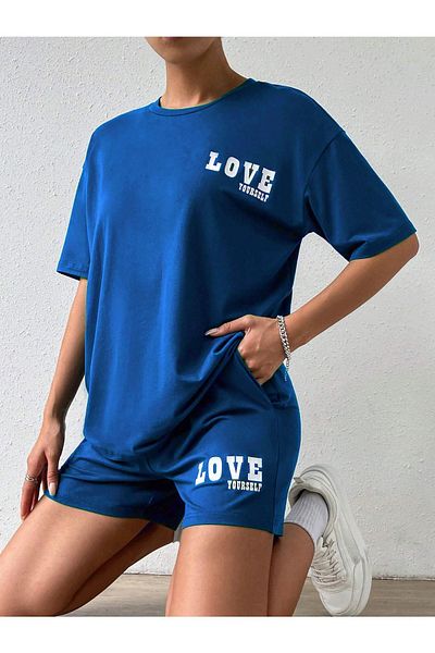 DUBU BUTİK Love Yourself T-shirt Shorts - Saks Blue Bottom Top Combination Shorts T-shirt Set Printed Crew Neck