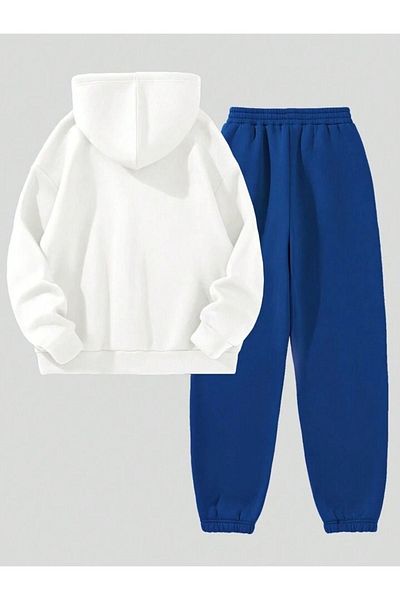 DUBU BUTİK Λος Άντζελες Λευκό φούτερ και Sax Blue Jogger - Σετ αθλητικής φόρμας με στάμπα μεγάλου μεγέθους