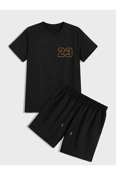 DUBU BUTİK 23 Pieces T-shirt Shorts - Black Bottom Top Set Shorts T-shirt Combination Printed Crew Neck