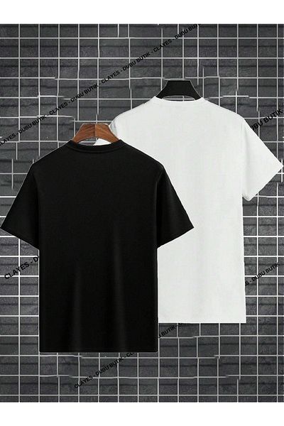 DUBU BUTİK London Printed 2-Piece T-Shirt - Black and White Oversize Crew Neck Short Sleeve