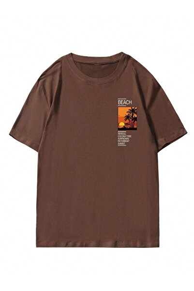 DUBU BUTİK Μπλουζάκι με λογότυπο παραλίας - κοντό μανίκι σε καφέ στάμπα Oversize με λαιμόκοψη