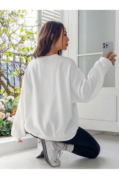 DUBU BUTİK Πολύχρωμο φούτερ Bear - Λευκό εμπριμέ Oversize Crew Neck
