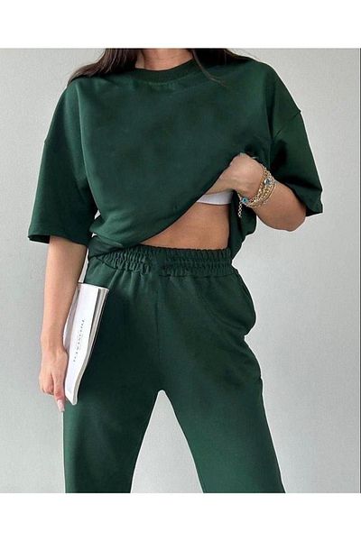 DUBU BUTİK Basic T-shirt Sweatpants Jogger - Σετ αθλητικής φόρμας με πράσινο Flat Top Top Oversize Crew Neck