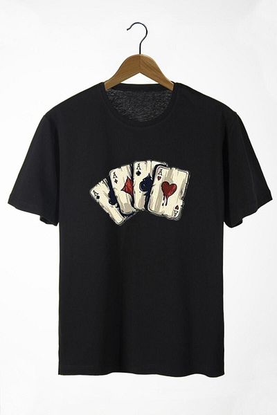 DUBU BUTİK Playing Card T-shirt - Black Printed Oversize Crew Neck Short Sleeve T-Shirt
