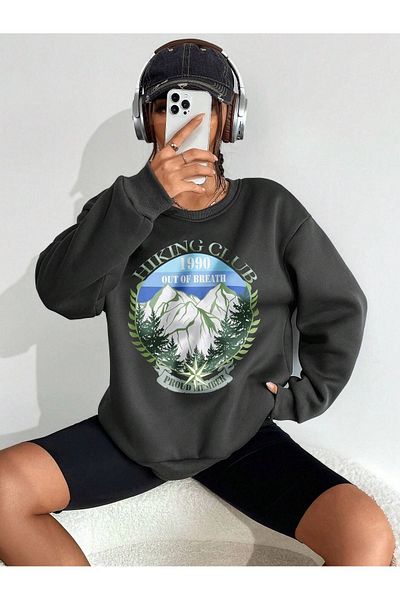 DUBU BUTİK Hiking Club 1990 Sweatshirt - Smoke Printed Oversize Crew Neck