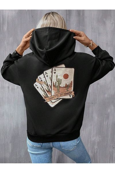 DUBU BUTİK Miracles Card Sweatshirt - Black Printed Oversize Hoodie