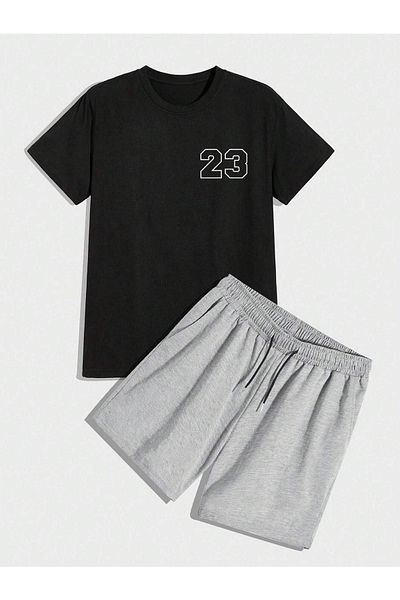 DUBU BUTİK 23 Count T-shirt Shorts - Black Gray Bottom Top Set Shorts T-shirt Combination Printed Crew Neck
