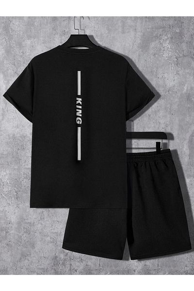 DUBU BUTİK King Back T-shirt Shorts - Black Bottom Top Combination Shorts T-shirt Set Printed Oversize Crew Neck