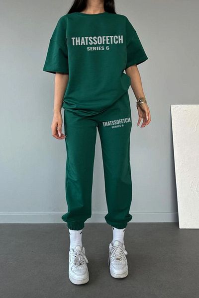 DUBU BUTİK Series 6 T-shirt Sweatpants Jogger- Σετ φόρμας με πράσινη στάμπα στο κάτω επάνω μέρος Oversize Crew Neck