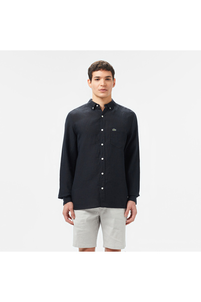 Lacoste Erkek Regular Fit Düğmeli Yaka Keten Siyah Gömlek