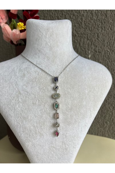 BURÇİN AKSESUAR Colorful Stone Steel Long Necklace Silver Color Y Necklace