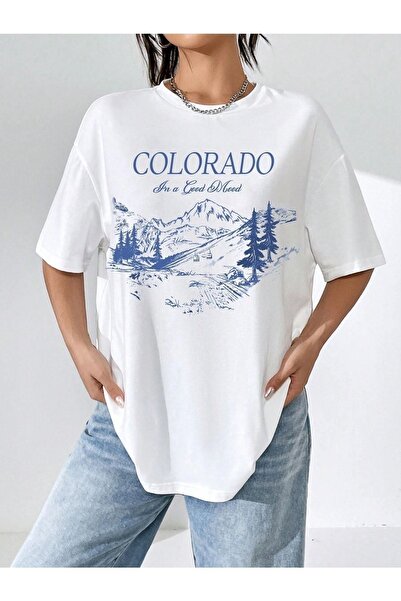 DUBU BUTİK Μπλουζάκι Colorado - Λευκό εμπριμέ κοντό μανίκι με λαιμόκοψη