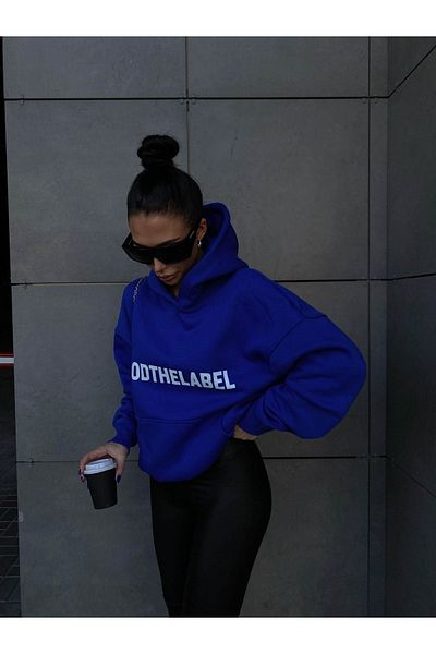 DUBU BUTİK Mikina Mood The Label - Saxově modrá oversize tlustá zimní mikina s kapucí
