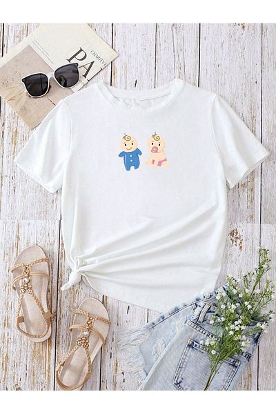 DUBU BUTİK Pregnant Gebe T-shirt Kids Printed - White Crew Neck Oversize T-Shirt