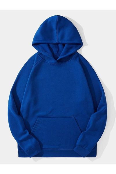 DUBU BUTİK Απλό Basic Φούτερ - Sax Blue Oversize Hooded