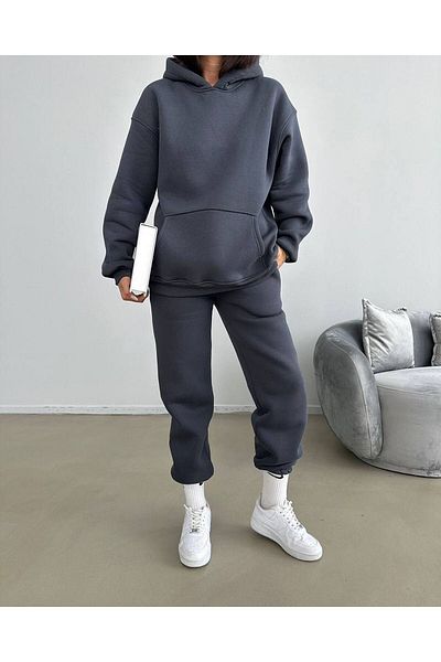 CLAYES Unprinted Sweatpants Set Sweatshirt Jogger - Smoked Oversize Raised Hooded