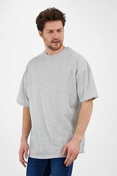 DUBU BUTİK Plain Basic T-shirt - Gray Oversize Crew Neck Short Sleeve T-Shirt