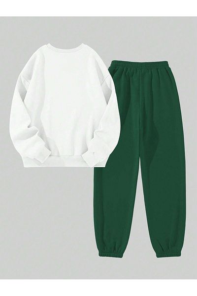 VBSVİBES Alb Verde CREW NECK Combinație de jos Top Set de trening LOS ANGLES