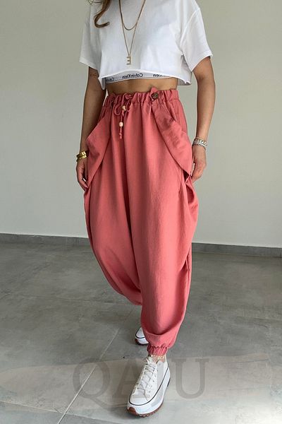Qaju Women's Rubber Waist Design Baggy Trousers with Pockets
