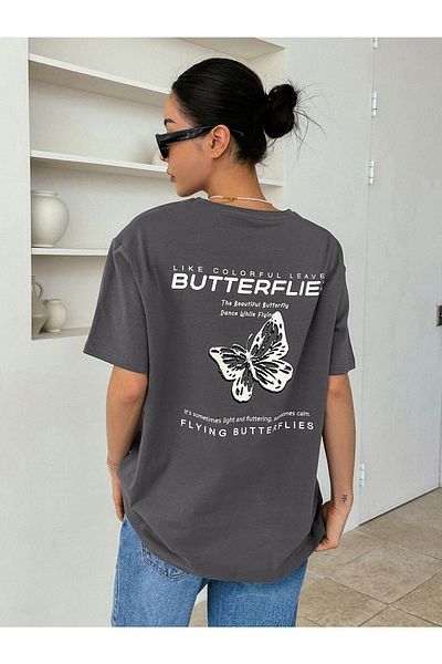 DUBU BUTİK Smoked Oversize Butterflies T-shirt - Oversize Printed